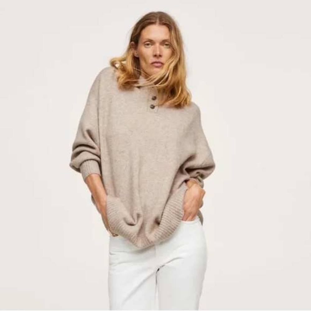Mango MNG Women's Oversized Knit Polo Sweater Tan Marl Button Neck Large‎